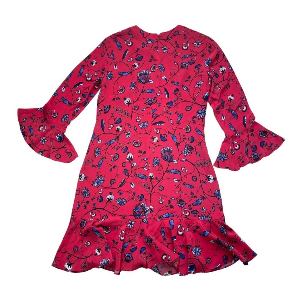 Shoshanna Red & Blue Floral Print Ruffle Bell Sleeve Silk Mini Dress SZ 2 - Picture 2 of 8